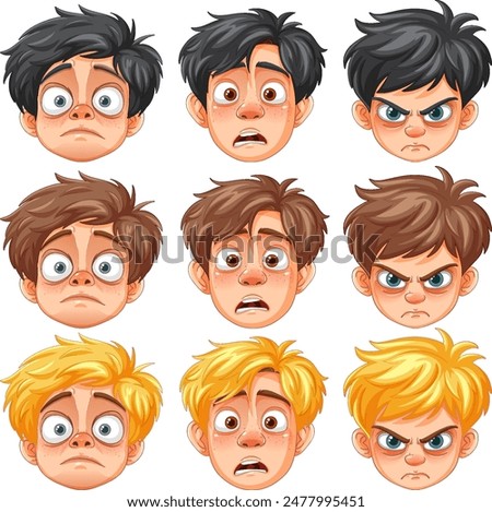 Nine cartoon faces showing different emotions