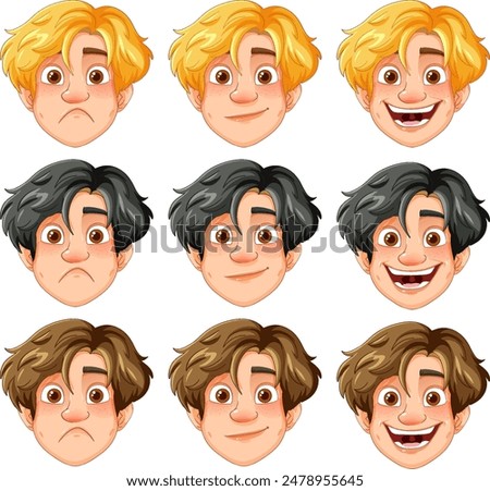 Nine cartoon faces showing different emotions