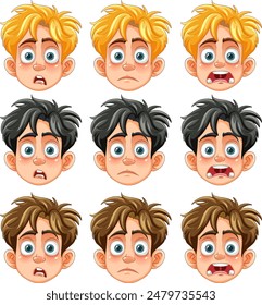 Nine cartoon faces showing various emotions