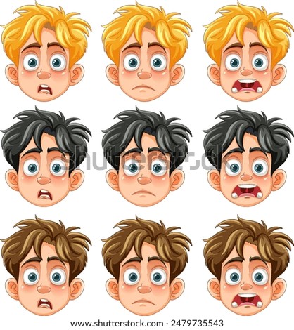 Nine cartoon faces showing various emotions