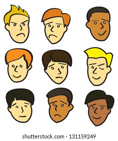 Nine cartoon faces of young men with various facial expressions.