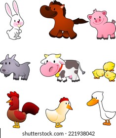 Nine cartoon farm animals like rabbit, horse, pig, goat, cow, chicken, hen, cock, rooster and duck vector illustration. 