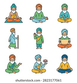 Nine cartoon illustrations of Sikh men in traditional attire, engaged in meditation, walking, and holding objects.