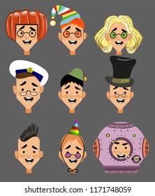 Nine cartoonish images of one character. Portraits in various hats. Vector set