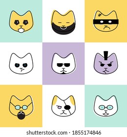 Nine cat lives. Print for t-shirt with different cats faces. Vector illustration.