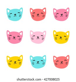 Nine Cats Faces Different Colors for t-shirt Print Design/ Postcard - Vector Illustration