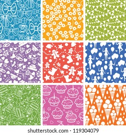 Nine Celebration Vector Seamless Patterns Backgrounds Collection with holiday motives