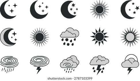 Nine Celestial Weather Icons Set Featuring Crescent Moons Radiant Suns and Swirling Clouds Arranged on White Background