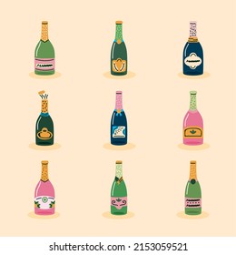 nine champagne drinks set bottles