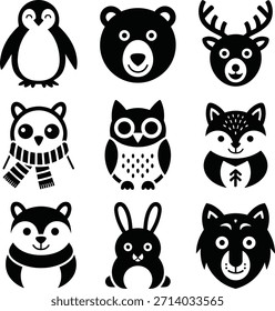 Nine charming, stylized black and white illustrations of various animals in a grid.