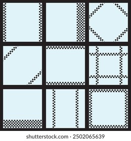 Nine checkered sports banners with stroke and sample text and shadow for car and moto racing designs
