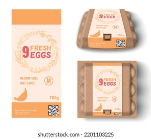 Nine chicken eggs cardboard package mockup and label template isolated on white background realistic vector illustration