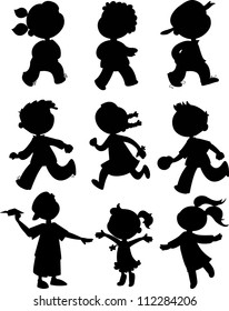 Nine children black silhouettes. Boy and girls walking, running and playing