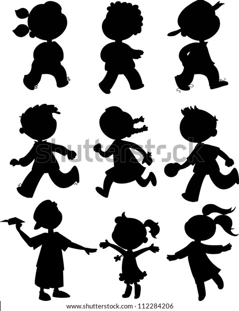 9人の子どもが黒いシルエットを描きます 歩く 走る 遊ぶ のベクター画像素材 ロイヤリティフリー