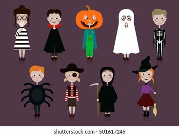 Nine children in various costumes for Halloween. Flat vector illustration