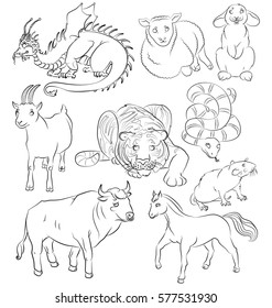 Nine Chinese calendar animals Bull, dragon, goat, horse, rabbit, rat, sheep, snake, tiger. For your convenience, each significant element is in a separate layer. eps10