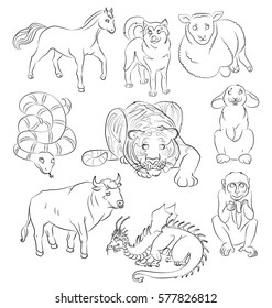 Nine Chinese calendar animals Bull, dog, dragon, horse, monkey, rabbit, sheep, snake, tiger. For your convenience, each significant element is in a separate layer. eps10