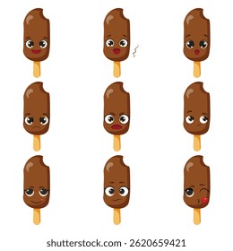 Nine chocolate popsicle characters with different expressions Happy, surprised, sad, worried, angry, silly, neutral, and flirty ice cream emoticons 
