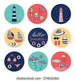 Nine circle set Hello summer, Lets go the the sea and beach elements hand drawn doodle illustration colorful objects collection vector on white background isolated