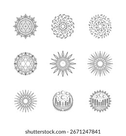 Nine circular designs featuring sacred geometry suns floral patterns celestial scenes and forests