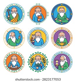 Nine circular icons each featuring a bearded old man with a white beard and hair, depicted in various symbolic poses and holding objects.