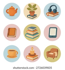 Nueve iconos circulares con una tetera, una maceta, auriculares en un libro, lector electrónico, taza de café, vela y sillón.