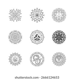 Nueve diseños circulares de mandala con patrones florales, cristales y dragones en blanco y negro.