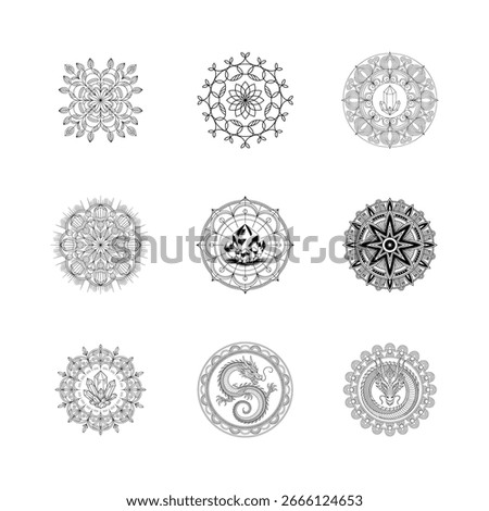 Nine circular mandala designs featuring floral patterns, crystals, and dragons in black and white.