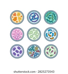Nine circular petri dishes display various colorful microscopic organisms and bacterial colonies, illustrating scientific research and biology.