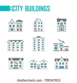 Nine city buildings set of icons - vector illustration on white background. Double, three, five-storey houses with nice facades, balconies. Various shapes of roofs. Grey and blue color