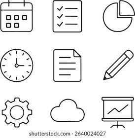 Nine clean line icons representing essential productivity tools like calendar, checklist, cloud, and chart in black thin strokes on white vector layout.