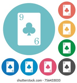 Nine of clubs card flat white icons on round color backgrounds