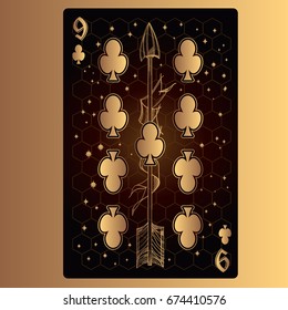 Nine of clubs. Playing card with original design on the theme of space.