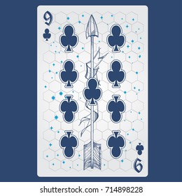 Nine of clubs. Playing card with original design on the theme of space.