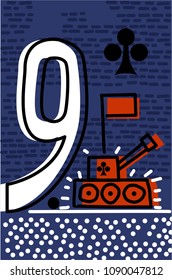 nine of clubs. Stylized Vector pop art  style comic playing card with number, tank, flag, dots an lines on blue background  