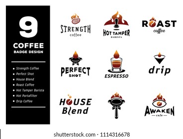 nine coffee badge design vector illustration with espresso drop,prefect shot coffee,drip,portafilter,tamper and utensil for barista