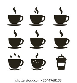 Nine Coffee Cup Icons Black Silhouettes Steam Three Stars Takeaway Cup vector