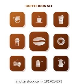 Nine COFFEE icons in one set with white color on gradient and white background. Vector illustration