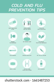 nine cold and flu prevention tips infographic, healthcare and medical about fever protection, flat vector symbol icon, layout, template illustration in vertical design