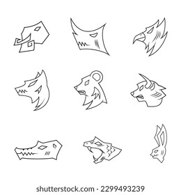 nine collection of illustrations of elephant, rabbit, bear, wolf, eagle, rhino, crocodile, bull, snake in line art style. simple, minimal and creative concept. used for logos, icons, symbols or mascot