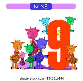 Nine. Collection number for kindergarten and preschool. Learn number 9. Giraffe. 