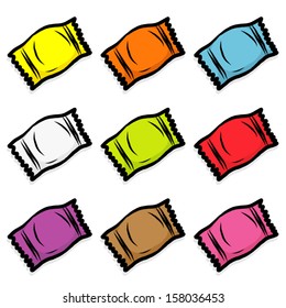 nine color set of sweet candy in plastic package / cartoon vector and illustration, isolated on white background.