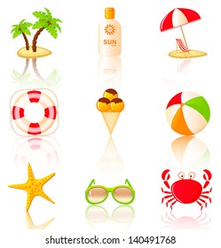 Nine colored beach icons. Collection of vector design elements.