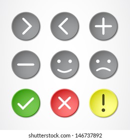 Nine colored buttons with symbols and emoticons