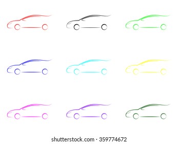 nine colored cars, set of simple line cars