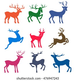 Nine colored deer set silhouettes isolated on white background, design for Xmas cards, banners and flyers, vector illustration isolated on white background