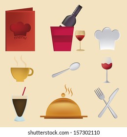 nine colored icons for menu including text, hat, utensils, dishes