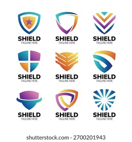 Nine colorful, abstract shield logos are displayed in a grid, each featuring unique geometric designs and vibrant gradient colors, suitable for branding and security concepts.