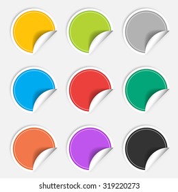 Nine colorful blank sticker set. Badge sticker collection in red sticker, blue sticker, green sticker, grey sticker, black sticker, yellow sticker, orange sticker and violet colors Vector illustration