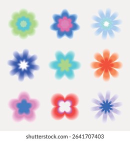 Nine colorful, blurred floral shapes on a white background. Each flower features a unique color combination, creating a vibrant and artistic pattern. Cute glowing element set vector.